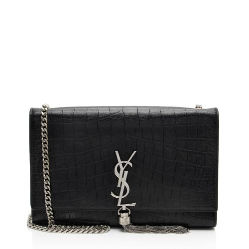 Saint Laurent Croc Embossed Leather Monogram Kate Tassel Medium Shoulder Bag