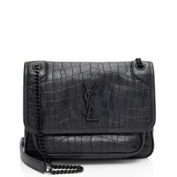 Saint Laurent Croc Embossed Leather Monogram Niki Baby Shoulder Bag