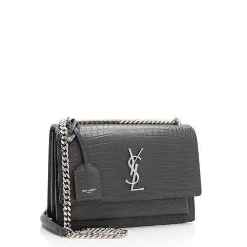 Saint Laurent Croc Embossed Leather Monogram Sunset Medium Shoulder Bag