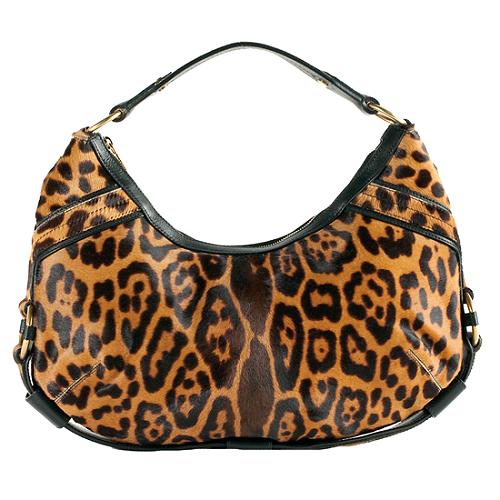 Yves Saint Laurent Leopard Print Calf Hair Hobo Handbag