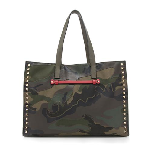 Valentino Leather Canvas Camouflage Rockstud Tote