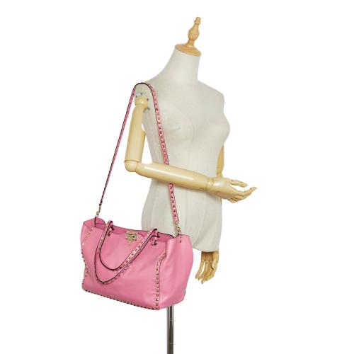 Valentino Rockstud Trapeze Tote in Fluo Pink