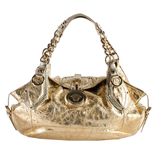 Versace Crinkled Metallic Leather Shoulder Handbag