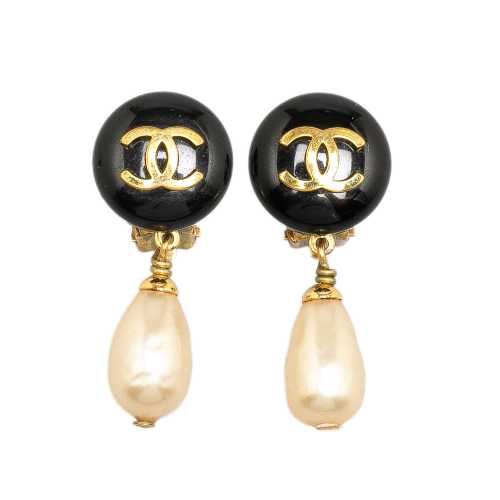 Chanel CC Dangling Faux Pearl Clip on Earrings