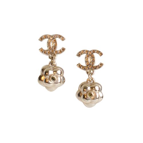 Chanel Crystal CC Camellia Drop Earrings