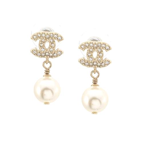 Chanel Crystal CC Pearl Drop Earrings