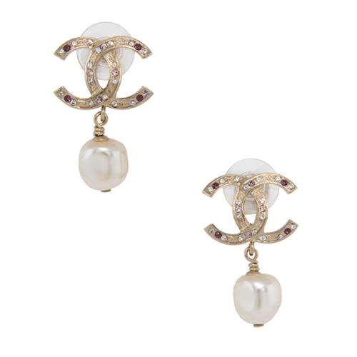 Chanel Crystal CC Pearl Drop Earrings