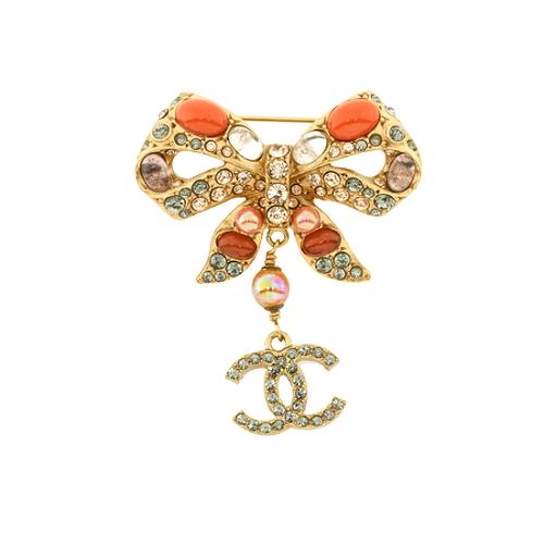 Chanel Crystal Coral Bow Brooch