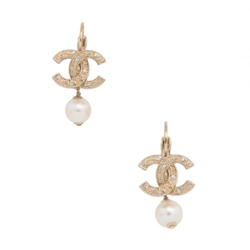 Chanel Crystal Pearl CC Drop Earrings