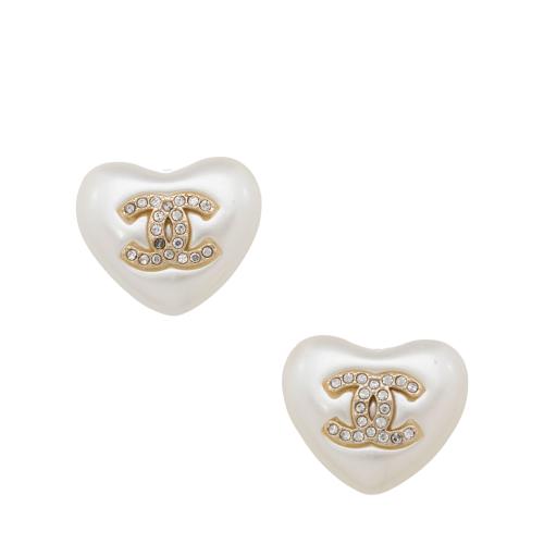 Chanel Crystal Pearl Heart CC Stud Earrings