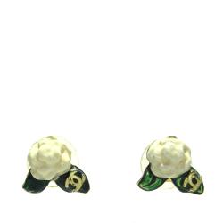 Chanel Enamel Camellia CC Push Back Earrings