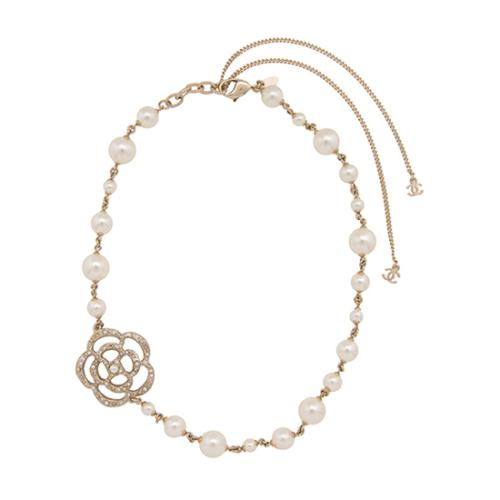 Chanel Gold Camellia Pearl Necklace For Sale at 1stDibs  chanel double  strand pearl necklace, chanel pearl drop necklace, chanel necklace with  pearls