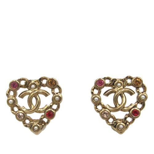 Chanel Pearl Crystal CC Heart Earrings