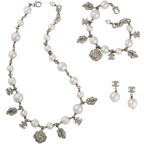 Chanel Pearl Necklace, Bracelet, and Earrings Set