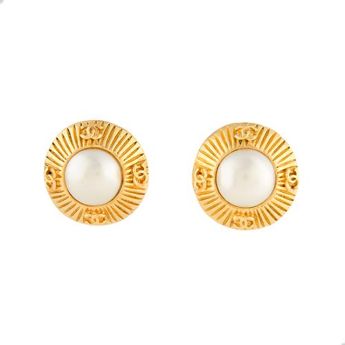 Chanel Vintage Faux Pearl Button Clip On Earrings