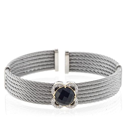 Charriol 18k Yellow Gold Sterling Silver Diamond Onyx Facet Cable Cuff Bracelet