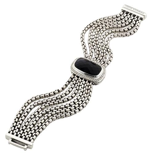 David Yurman Sterling Silver Pave Diamond Onyx Albion Box Multi Chain Bracelet