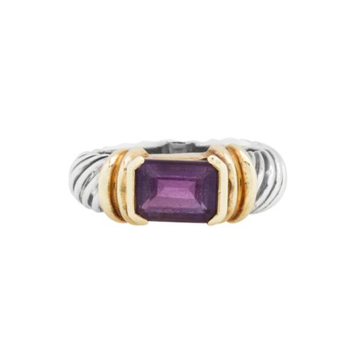 David Yurman Sterling Silver 14kt Gold Amethyst Cable Ring - Size 6.5