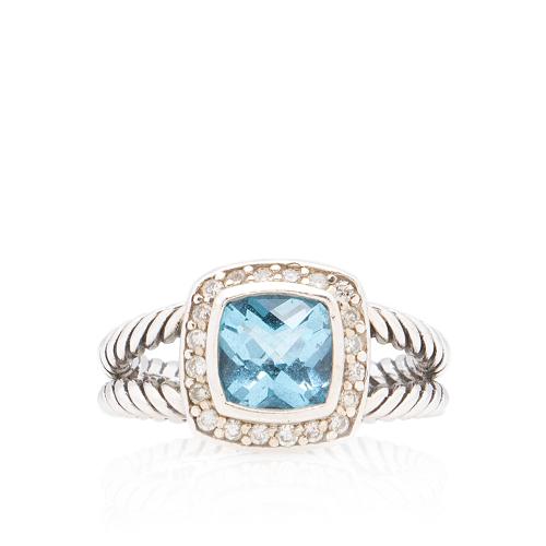 David Yurman Sterling Silver Blue Topaz Diamond Petite Albion Ring - Size 7 1/2