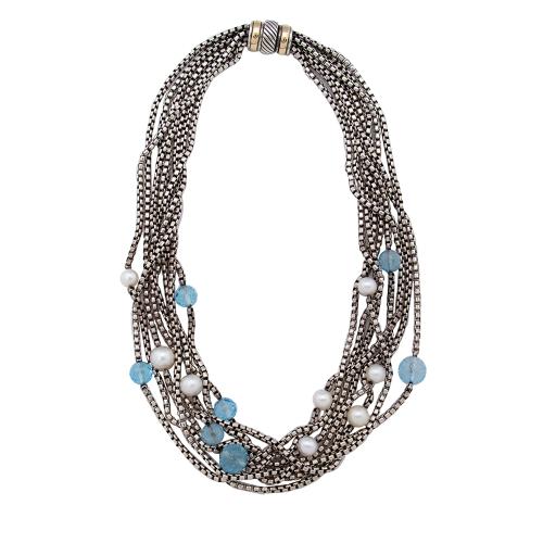 David Yurman Sterling Silver Blue Topaz Pearl Multistrand Necklace