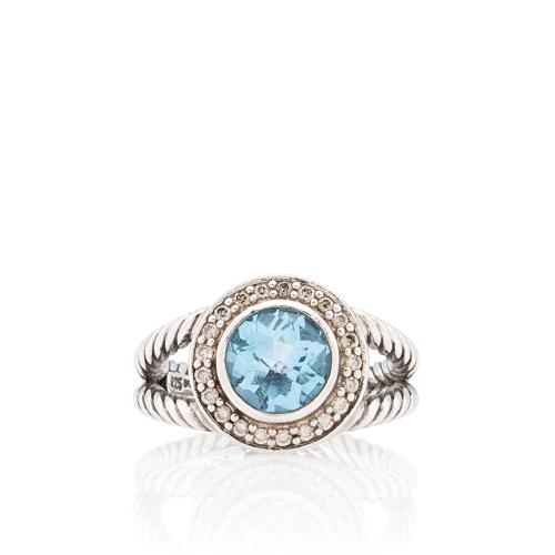 David Yurman Sterling Silver Diamond Blue Topaz 8mm Petite Cerise Ring - Size 7 1/2