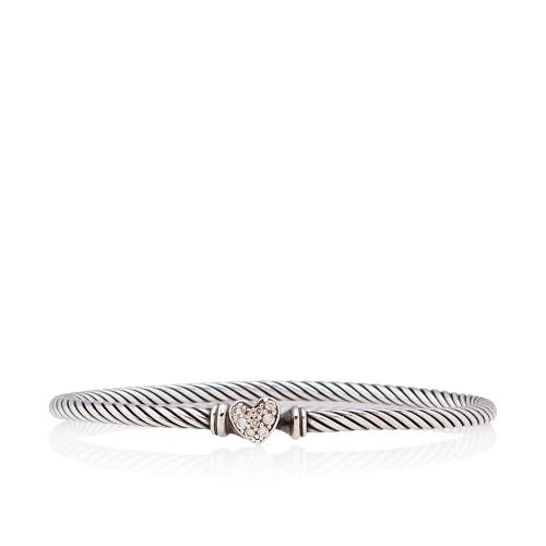 David Yurman Sterling Silver Pave Diamond Heart Cable Collectibles 3mm Bracelet