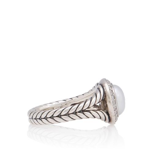 David Yurman Sterling Silver Diamond Pearl Petite Cerise Ring - Size 7