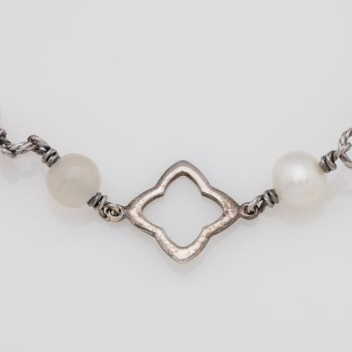 David Yurman Sterling Silver Pearl Aquamarine Quatrefoil 9mm Chain Necklace
