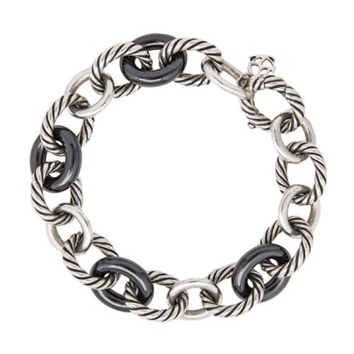 David Yurman Sterling Silver Black Ceramic Oval Link Chain Bracelet
