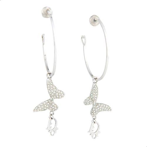 Dior Crystal Charm Butterfly Hoop Earrings