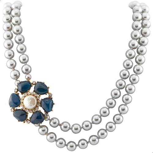 Gerard Yosca Long Pearl & Blue Flower Necklace