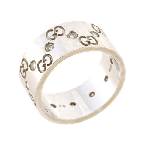 Gucci 18k White Gold Diamond GG Icon Wide Ring - Size 7 1/2