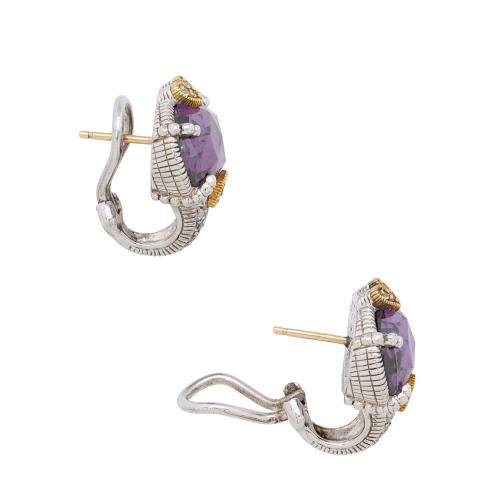 Judith Ripka Sterling Silver 18k Gold Diamond Amethyst Stud Earrings