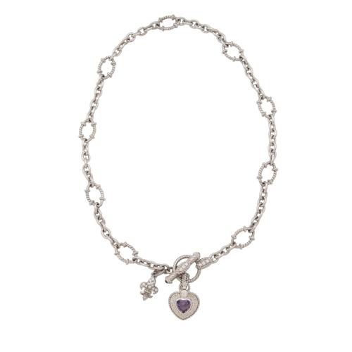 Judith Ripka Sterling Silver Amethyst Heart Chain Toggle Necklace