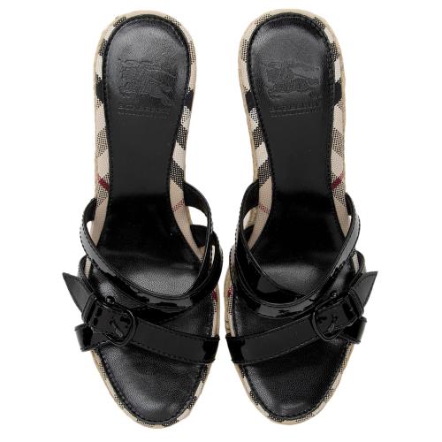 Burberry Patent Leather Check Wedge Sandals - Size 7 / 37