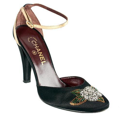 Chanel Beaded Satin Ankle Strap Pumps - Size 8.5 / 38.5