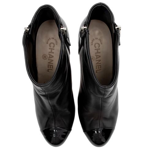 Chanel Leather Patent Leather CC Cap Toe Booties - Size 9 / 39 