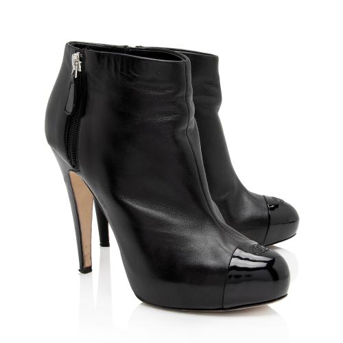 Chanel Leather Patent Leather CC Cap Toe Booties - Size 9 / 39 