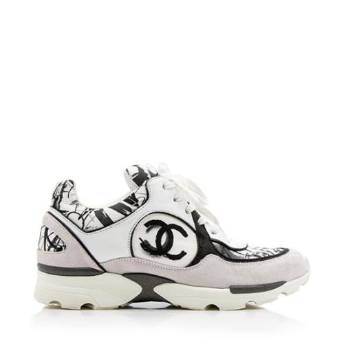 CHANEL Nylon Calfskin Suede Womens CC Sneakers 41 Black Grey White 890849