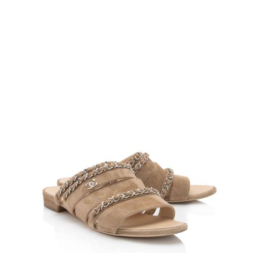 Chanel Suede CC Chain Slide Sandals - Size 7C / 37C