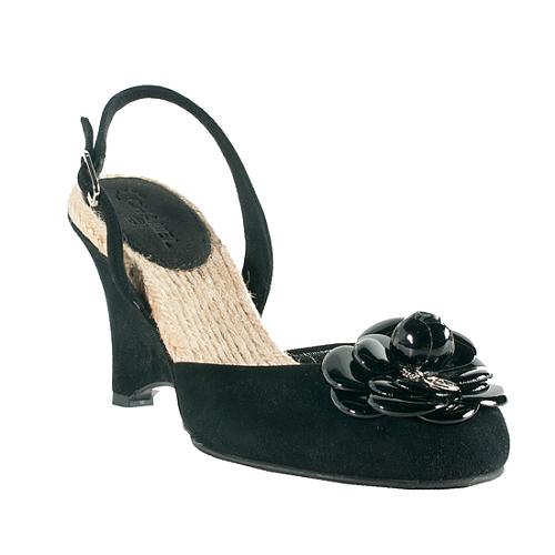 Chanel Suede Camellia Slingback Wedges - Size 8 / 38