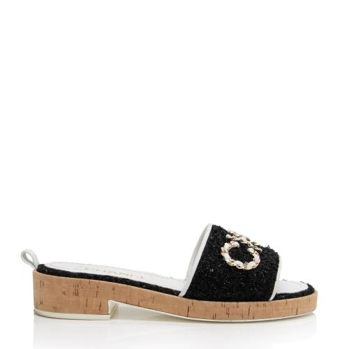 Chanel Tweed Cork CC Chain Slide Sandals - Size 7 / 37