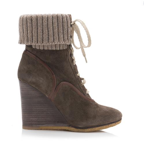 Chloe Suede Knit Trim Wedge Boots - Size 6.5 / 36.5