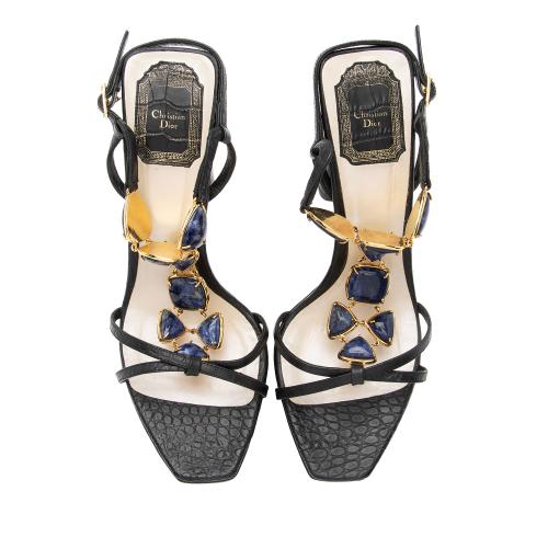 Dior Alligator Embossed Leather Jeweled Piedra Sandals - Size 9 / 39
