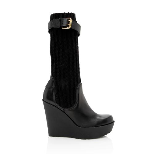 Gucci Leather Buckle Sock Wedge Boots - Size 6 / 36