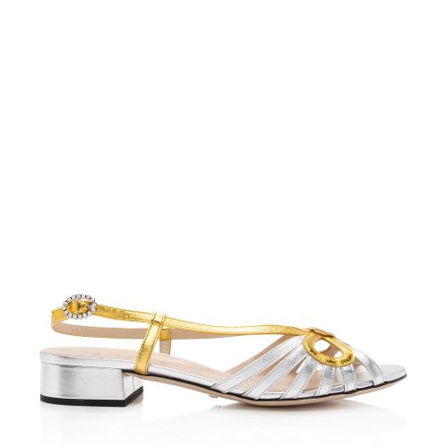 Gucci Metallic Leather Crystal Zephyra Bow Slingback Sandals - Size 8.5 / 38.5