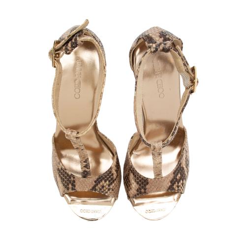 Jimmy Choo Python T-Strap Wedge Sandals - Size 7 / 37
