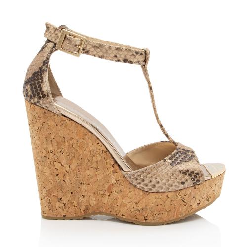 Jimmy Choo Python T-Strap Wedge Sandals - Size 7 / 37