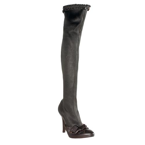 Yves Saint Laurent Leather Ruffle Over-the-Knee Boots - Size 7.5 / 37.5