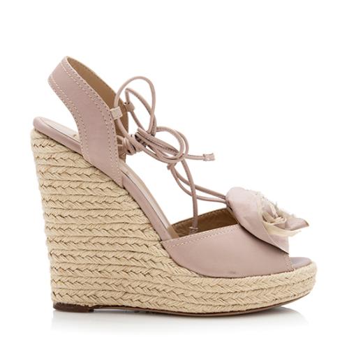 Valentino Leather Rose Lace Up Espadrille Wedges - Size 10 / 40